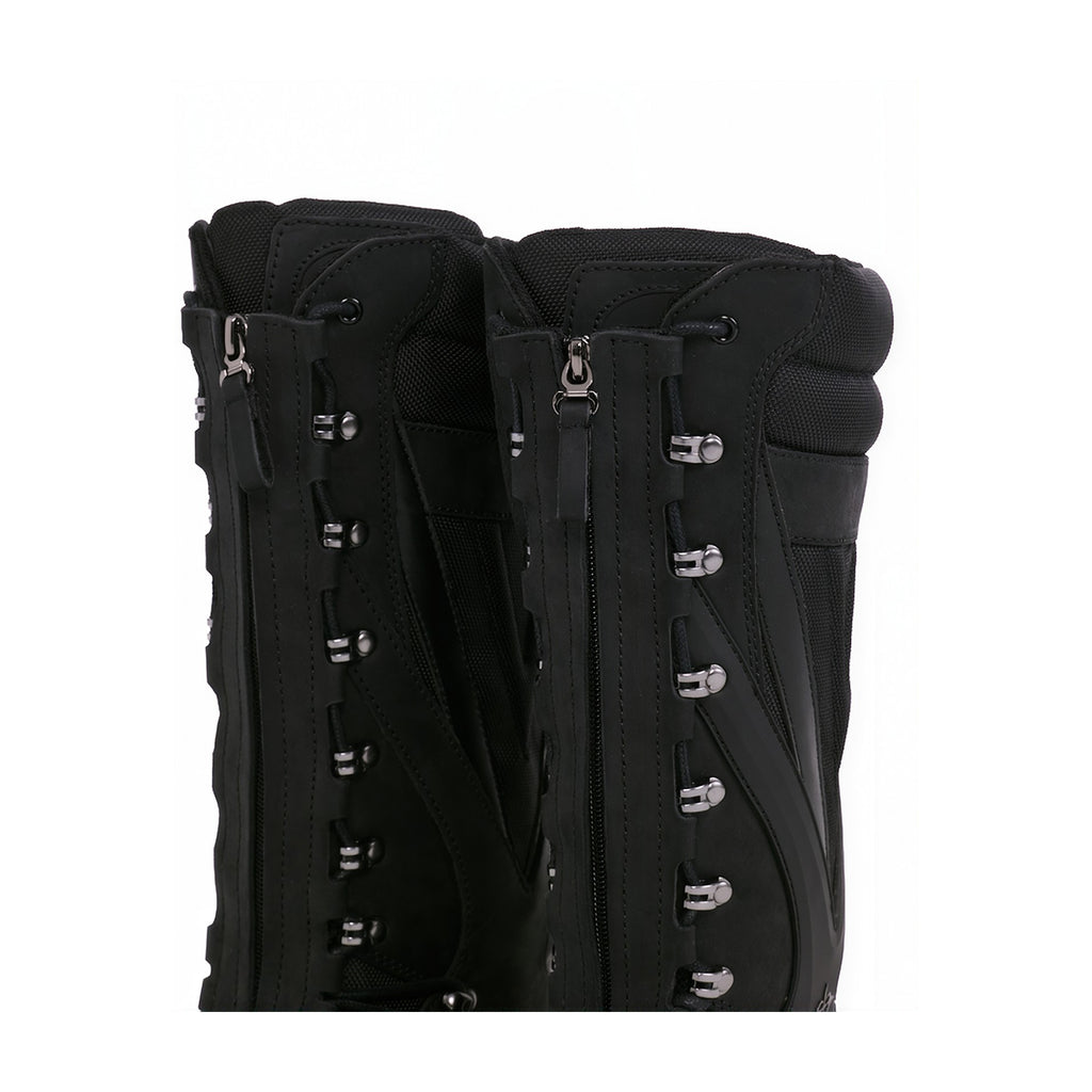 Black snowboard boots with dual side zippers and silver metal eyelets, shown from the back against a white background.