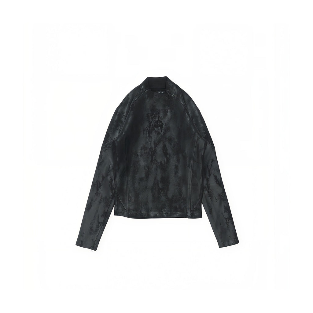 A black leather jacket with an abstract, tonal floral pattern, displayed flat against a solid white background.