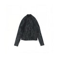 A black leather jacket with an abstract, tonal floral pattern, displayed flat against a solid white background.