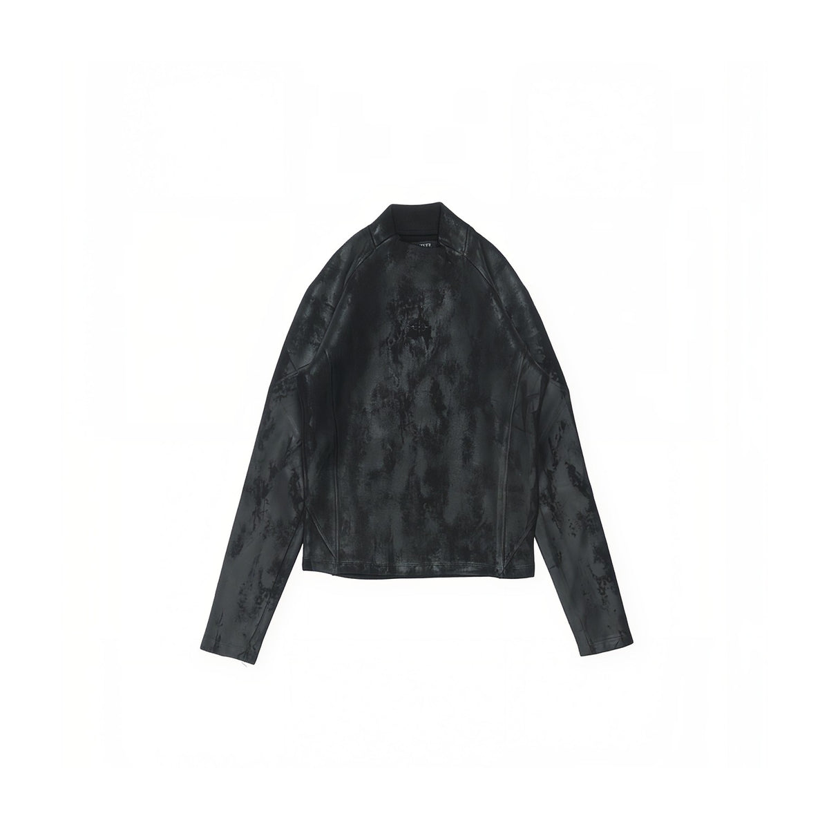 A black leather jacket with an abstract, tonal floral pattern, displayed flat against a solid white background.