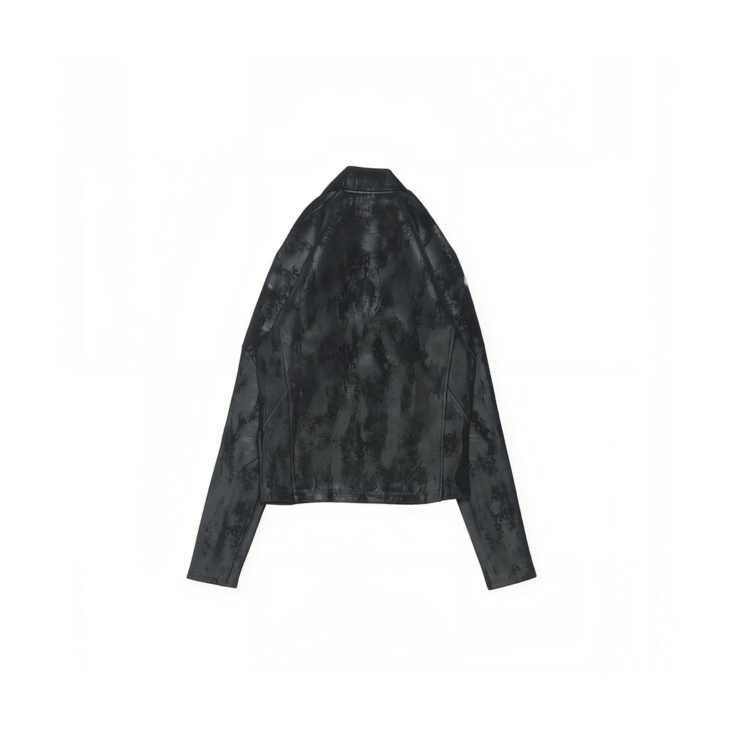 A black cropped jacket with a subtle tonal marbled pattern, shown from the back on a solid white background.