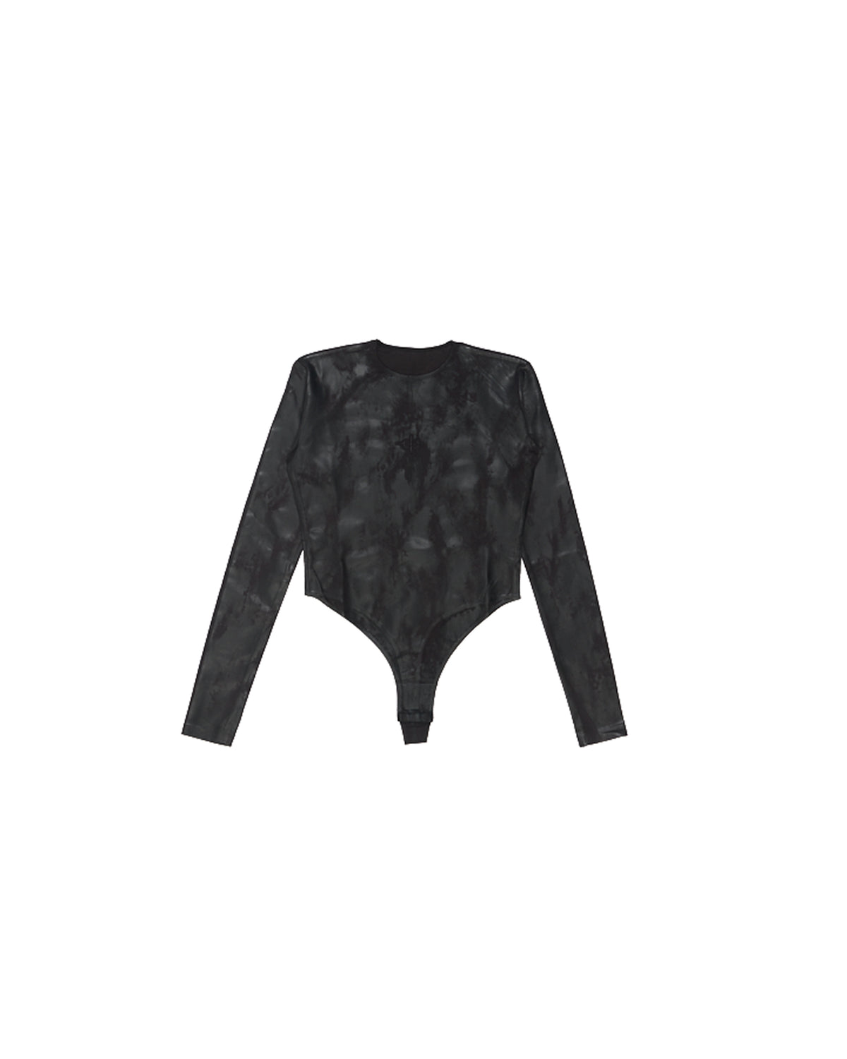 A long-sleeve bodysuit in a black and dark gray tie-dye pattern, shown flat against a solid white background.